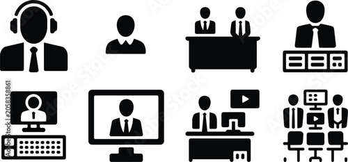 Collection of Business and Media Icons Featuring People and Technology vector illustration