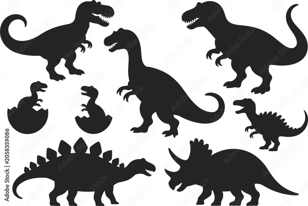 Obraz premium Silhouettes of Various Dinosaurs Including T- Rex Triceratops and Stegosaurus prehistoric ancient
