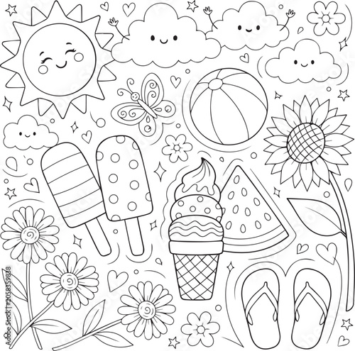 Cute summer doodle coloring page for kids, kawaii summer elements with sun, ice cream popsicles, sunflower, watermelon slice, and beach elements, black and white vector outline.