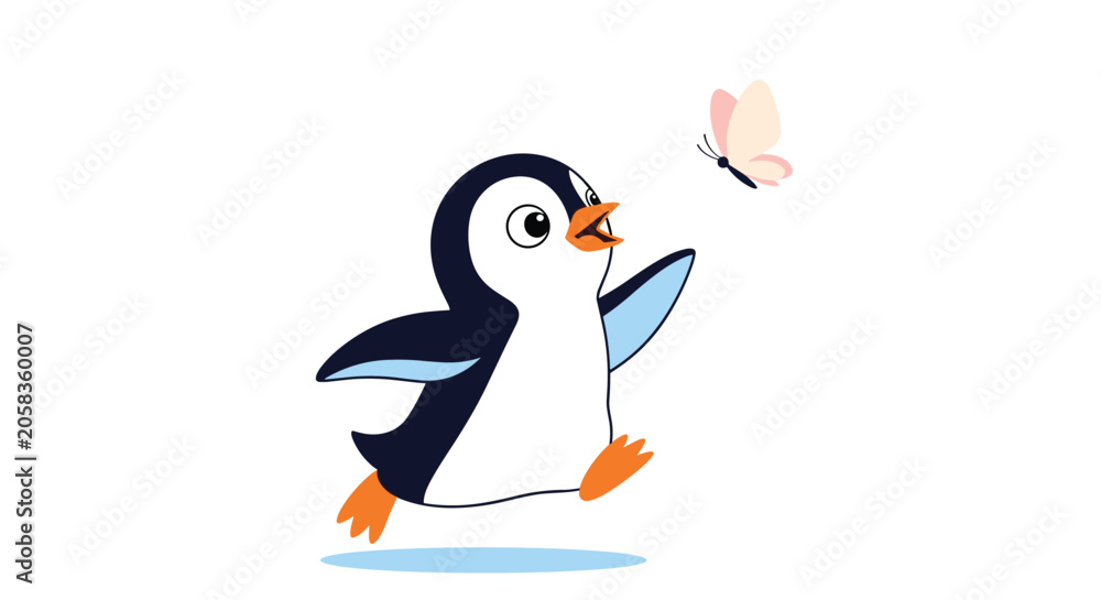 Fototapeta premium Adorable cartoon baby penguin chasing a beautiful pink butterfly on a clean white background, vector art.