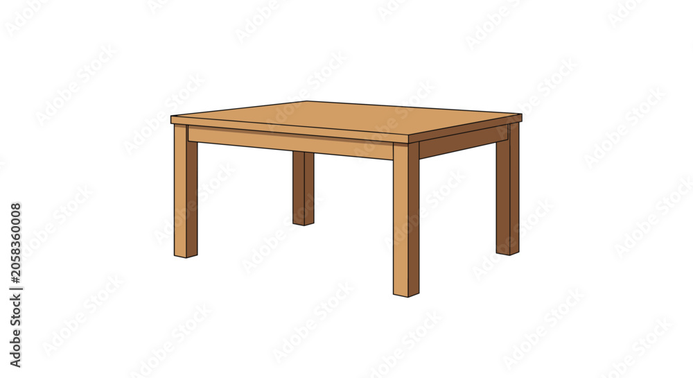Fototapeta premium Classic brown wooden rectangular dining table with four legs isolated on a clean white background, vector.