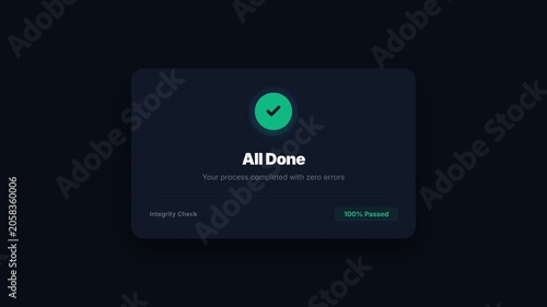 Seamless loop animation of a digital interface displaying 'All Done' with a green checkmark and '100% Passed' status, symbolizing completion, success, and error-free processes