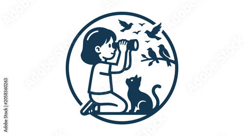 Fotografie Girl with binoculars and cat.