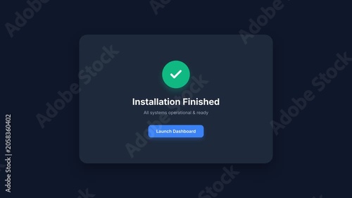 Software installation process completion, 100 percent progress bar, finished notification with green checkmark and launch dashboard button, symbolizing successful installation and system readiness