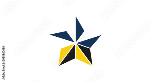 Abstract geometric star logo in blue and yellow.