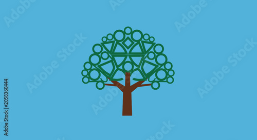 Abstract geometric tree outline icon on blue.