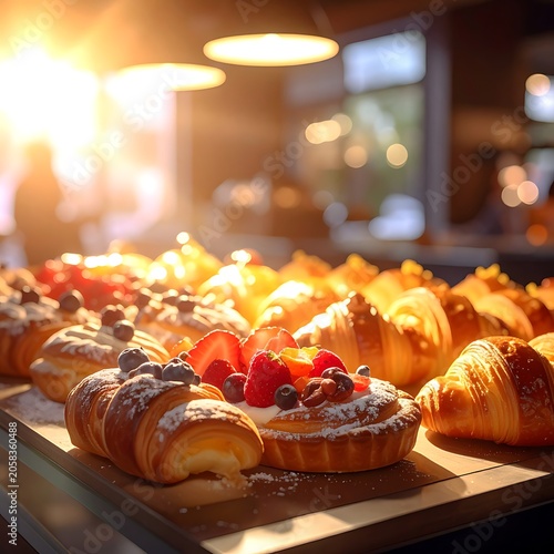 A tray of assorted pastries with fruits and powdered sugar in a warmly lit setting