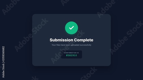 Submission Complete, Confirmation screen with green checkmark and text, Digital interface, symbolizing successful upload and confirmation.