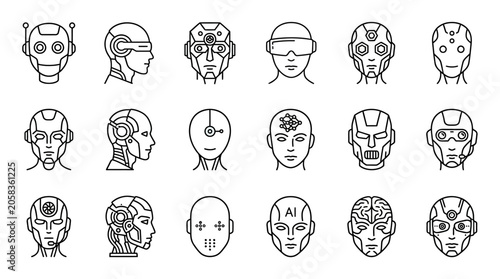 Minimalist linear icon set of robotic humanoid heads artificial intelligence
