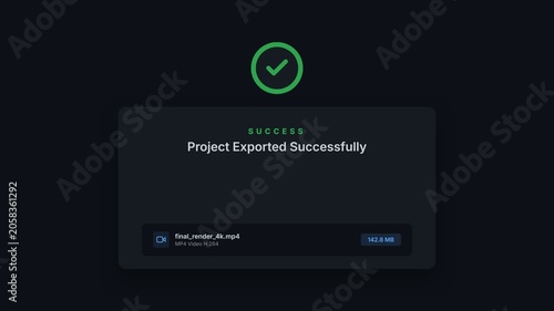 Success message, green checkmark, and file export notification, digital interface, technology and software, seamless loop, symbolizing accomplishment and productivity.