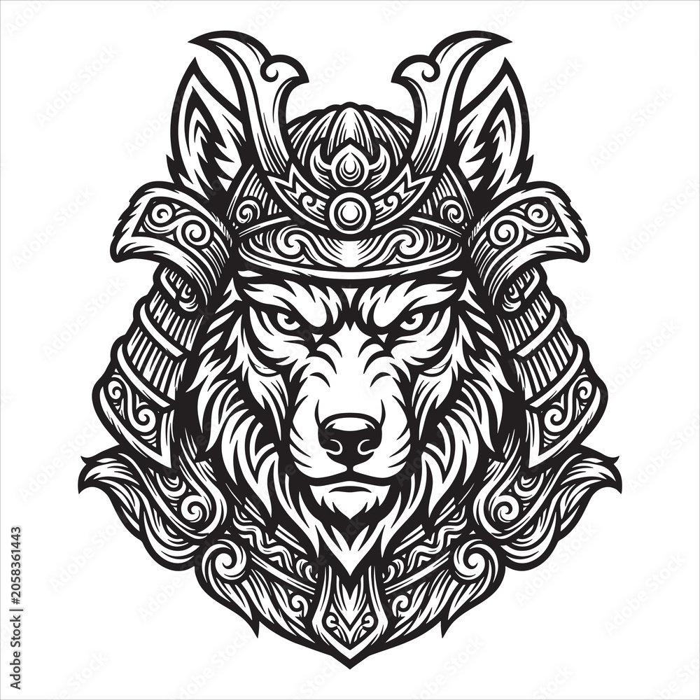Fototapeta premium Samurai Wolf Warrior Mask Vector Illustration