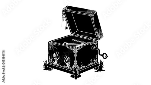 Tablou pe pânză Spooky Jack-in-the-Box: A vintage-style jack-in-the-box with a dark, gothic aesthetic, featuring skeletal hands and spiderwebs, sits open and eerie