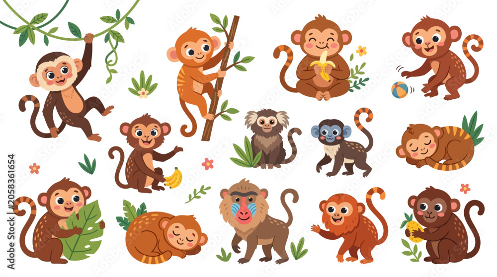Obraz premium Set of cute monkey illustrations wild animals jungle primates art