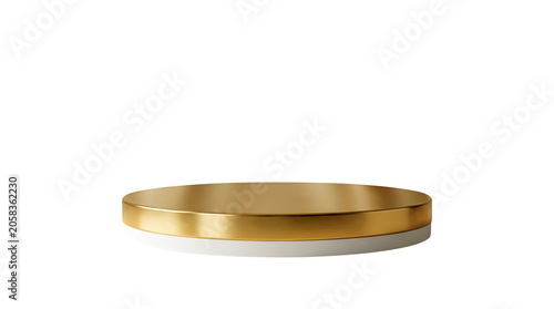 Shiny gold round pedestal for product display isolated on transparent background