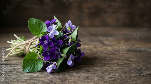 Purple wild violet bouquet on rustic wooden surface