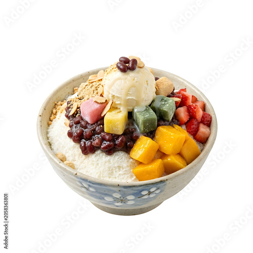 Bowl of shaved ice dessert topped with vanilla ice cream fresh fruit and red beans isolated on transparent background