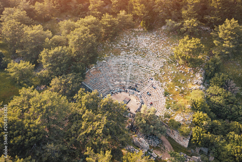 Photography Aerial view discovering the historical ruins of ancient theater, a significant a