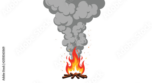 Bright campfire bonfire burning with firewood logs and column of thick grey smoke rising on white background.