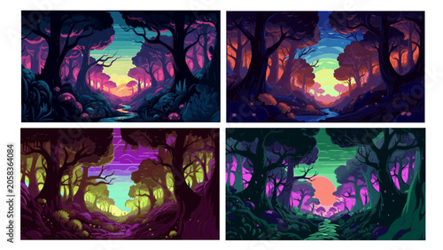 Photos Black creepy psych forest background set, flat funny style, backlight sunset lig