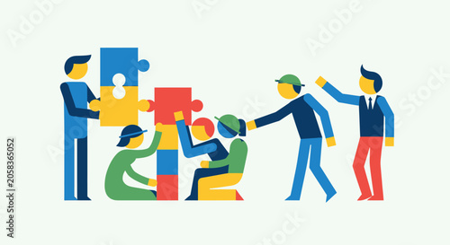 Business team collaborating to assemble large colorful puzzle pieces.