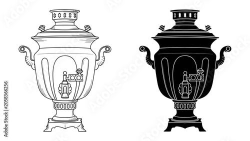 фотографія Samovar Illustration: A classic samovar is depicted in two styles, a detailed outline and a solid silhouette, showcasing its traditional design and ornate features