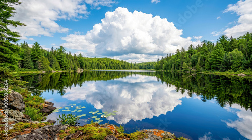 Serene Lake Reflection Under Puffy Clouds