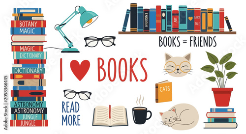 Set of hand drawn cozy reading icons including book stacks shelf sleeping cat glasses and desktop accessories for library themes