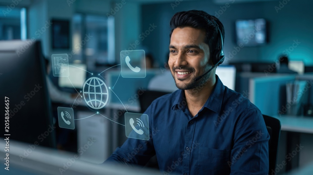 Fototapeta premium Global Customer Support Concept: Professional Indian Call Center Agent with Floating Digital Communication Icons
