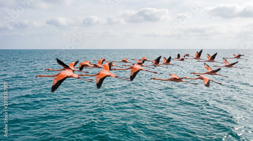 Photography Wild flamingos sail through the air over sea