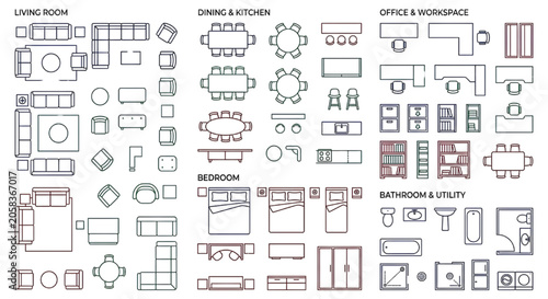 Architectural furniture symbols set for house interior floor plan design line art