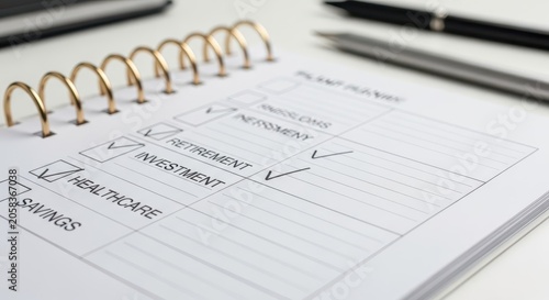 Close-up view of a financial planning checklist on a notebook page with checked boxes and a spiral binding.