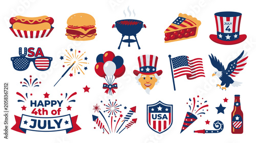 Happy 4th of July America Celebration Icons Set