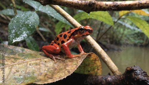 Foto Strawberry poison dart frog or Blue jeans poison dart frog, (Oophaga pumilio) in forest, Bocas del Toro island, Panama