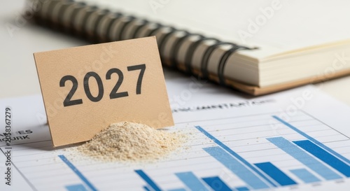 Detailed close-up of a business notebook with a year marker and financial data analysis.