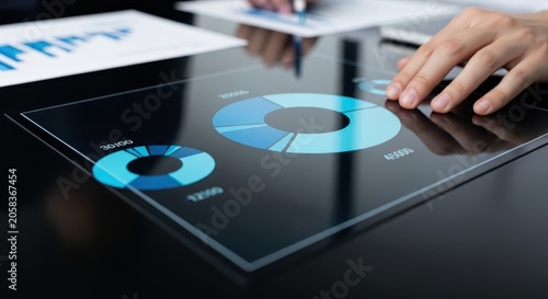 Digital Pie Charts Displayed on a Futuristic Touchscreen Table for Business Data Analysis