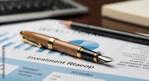 Elegant Fountain Pen Resting on Investment Report with Office Desk Elements