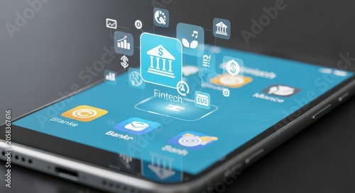 Futuristic Fintech App Interface Displayed on a Smartphone Showing Financial Icons and Data Visualization