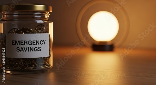 Glass jar filled with emergency savings coins sits on a table near a warm lamp