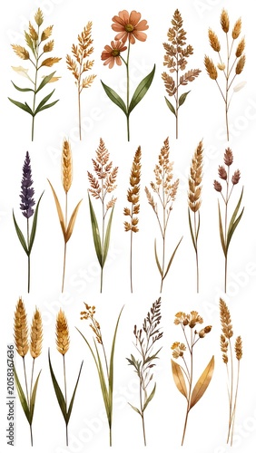 A collection of 20 watercolor-style illustrations of various plants and flowers in shades of brown, orange, and green on a white background
