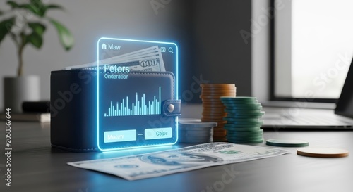 Glowing Digital Wallet Interface Displays Financial Data and Transactions Alongside Currency