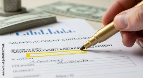 Hand highlighting financial account statement with cash and marker