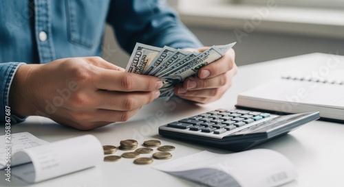 Hands counting US dollar bills next to a calculator and coins on a desk, representing financial management and budgeting.