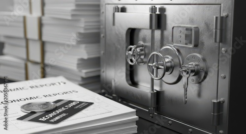 Metallic vault door with keys and financial documents signifying security and wealth
