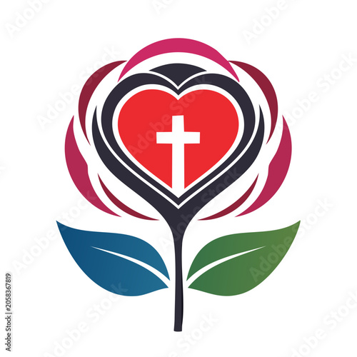 Christian cross in heart with rose petals and leaves