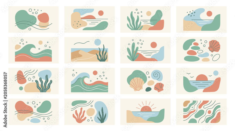 Fototapeta premium Set of abstract pixelated nature landscapes with organic shapes and pastel colors, ideal for modern design and digital art