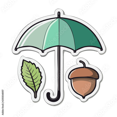 Flat design umbrella with leaf and acorn sticker