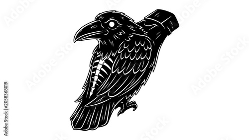 Obraz na plátne Mysterious Raven Emblem: A stylized black raven, intricately detailed with skeletal features and a geometric object, conveys a sense of dark mystique and enigmatic symbolism