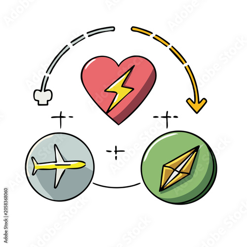 Heart with Lightning Bolt and Travel Symbols Illustration
