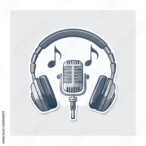 Microphone and Headphones with Music Notes Illustration