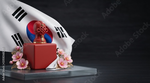 South Korea Liberation Day celebratory seal with flag and cherry blossoms